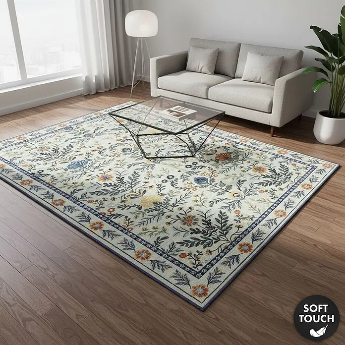 Floordirekt Kurzflorteppich Cascada 160 x 230 cm - Hellgrün - Ein weicher Teppich mit Blumenmuster in Creme, Blau und Orange, der ein modernes Wohnzimmer verschönert.