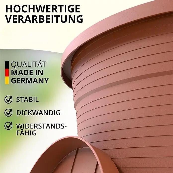 3er-Set Ø 35 cm rund – Terrakotta, Pflanzkübel 19 Liter -  - Brauner Kunststoff-Blumentopf mit geriffelter Textur und passendem Untersetzer. Hochwertig, stabil und widerstandsfähig.
