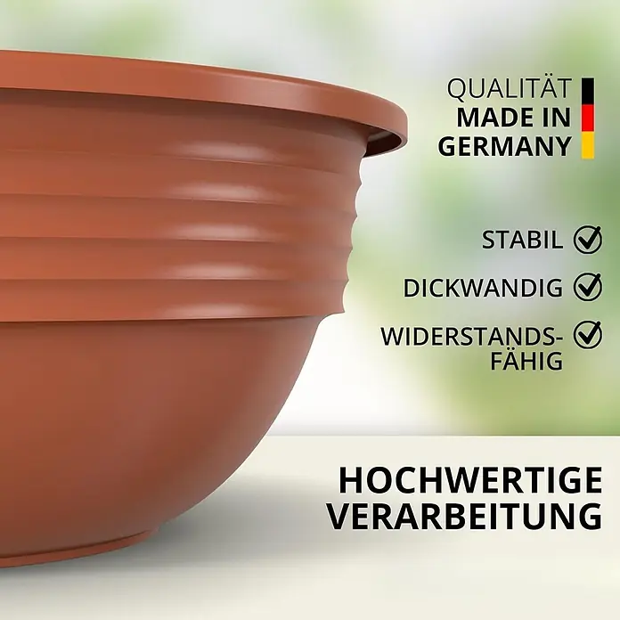 Plastard Pflanzschale rund 3er-Set Ø 25 cm mit Metallkorb hängend Terrakotta - 3 Stk., Außenmaß (Ø x H): 25 x 10 cm, Kunststoff, Terrakotta - Brauner Pflanztopf aus Kunststoff, hergestellt in Deutschland, betont seine Stabilität, dicke Wände, Widerstandsfähigkeit und hochwertige Verarbeitung.