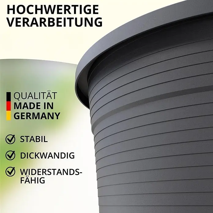 Ø 35 cm mit Untersetzer rund – Anthrazit – Pflanzkübel -  - Dunkelgrauer, gerillter Pflanzkübel, dickwandig und widerstandsfähig, mit hochwertiger deutscher Verarbeitung.