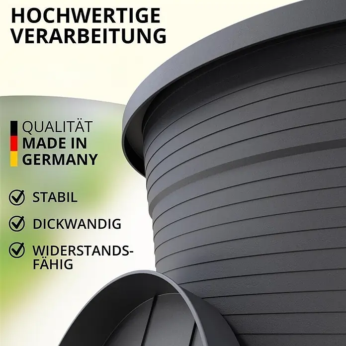 3er-Set Ø 54 cm mit Untersetzer rund – Anthrazit -  - Dunkelgrauer, gerippter Kunststoff-Pflanztopf mit Text zu hoher Qualität, Stabilität und Widerstandsfähigkeit.