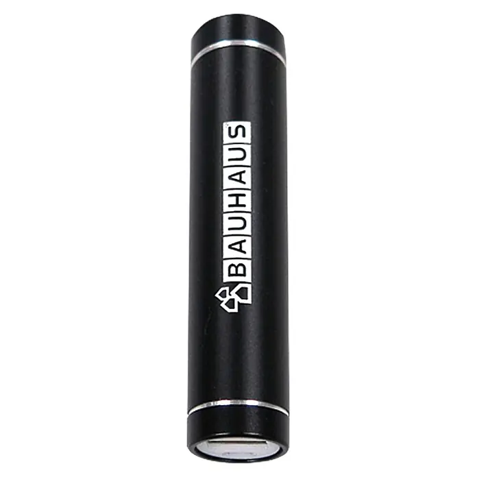 BAUHAUS Powerbank - 2.600 mAh, Negro - Batería externa cilíndrica negra con detalles plateados y el texto "BAUHAUS", ideal para dispositivos electrónicos.