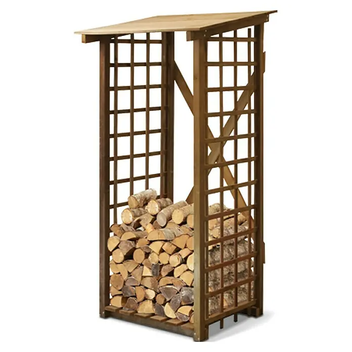 Kaminholzregal Eifel - 100 x 80 x 190 cm, Holz, Braun - Brennholzregal aus Holz, gefüllt mit Holzscheiten, ideal für die Lagerung von Brennholz im Garten oder im Haus.