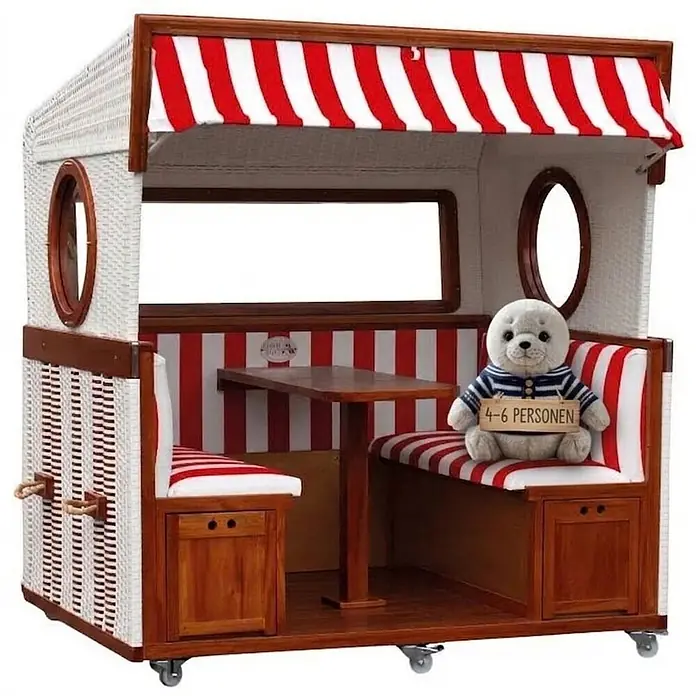 Bene Living Strandstuhl Gosch-Lounge Des.992 - 1 Stk., 100% Mahagoni, Rollbar, blau, B x T x H: 200 x 158 x 207 cm - Weißer Strandkorb mit rot-weiß gestreiften Polstern, Holztisch, Platz für 4-6 Personen, auf Rollen.