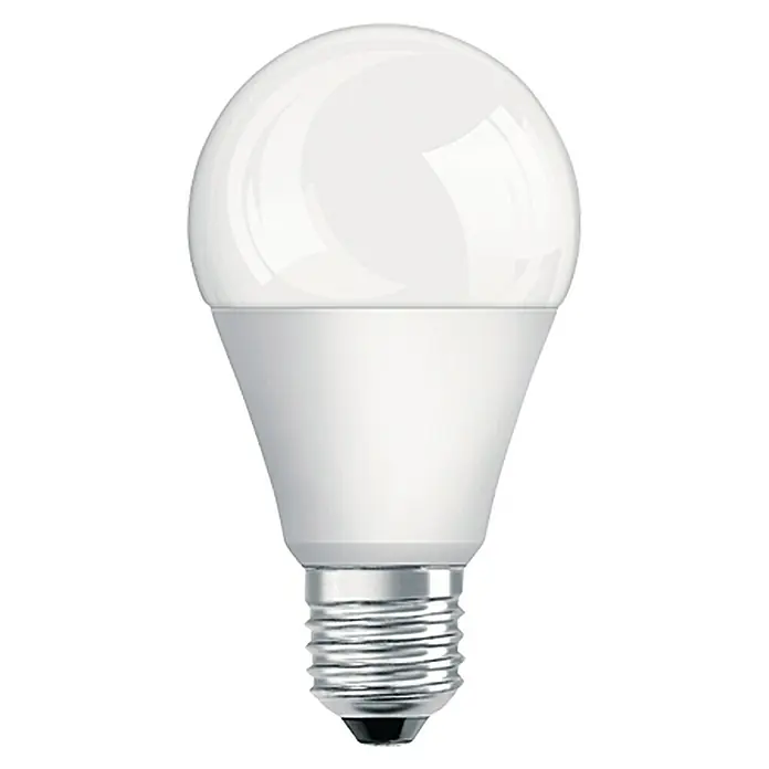 Osram LED-Lampe Glühlampenform E27 matt - E27, Dimmbar, Warmweiß, 1.522 lm, 14,5 W - Eine Nahaufnahme einer weißen LED-Glühbirne mit einem silbernen Sockel, die auf einem weißen Hintergrund steht.