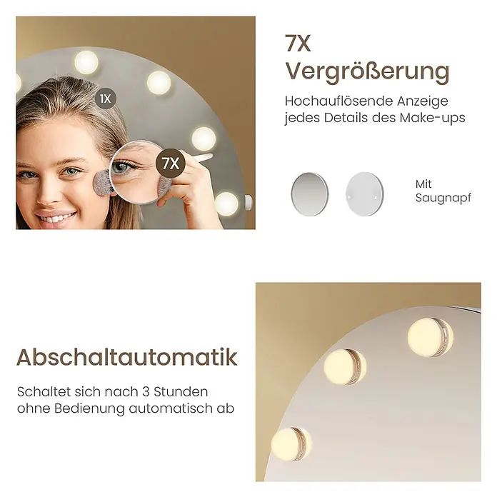 Runder Kosmetikspiegel CM11 -  - Beleuchteter Schminkspiegel mit 1x und 7x Vergrößerung, Auto-Abschaltfunktion und kleinen Saugnapfspiegeln.