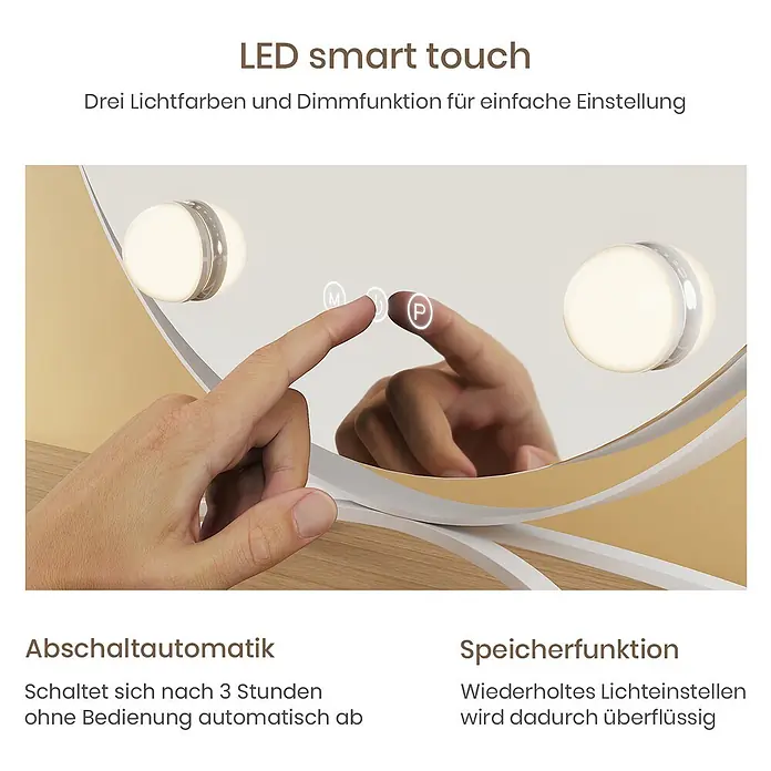 Runder Kosmetikspiegel CM11 -  - Hand auf LED-Smart-Touch-Steuerung eines Kosmetikspiegels mit runden Lichtern. Mit einstellbarem Licht, Dimmung, Auto-Aus und Speicher.