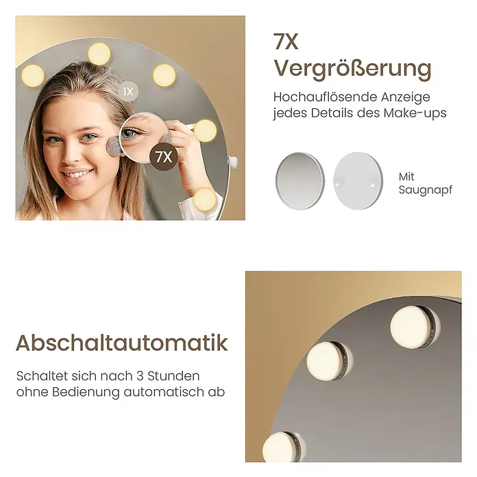 Emke Kosmetikspiegel CM11 - Rund, Weiß - Beleuchteter runder Kosmetikspiegel mit 7-facher Vergrößerung, der eine Frau beim Schminken zeigt, und ein Saugnapfspiegel.