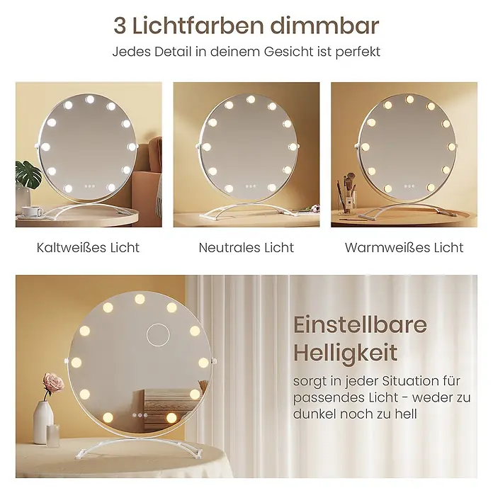 Runder Kosmetikspiegel CM11 -  - Runder LED-Schminkspiegel mit weißem Rahmen, zeigt 3 dimmbare Lichtfarben (kalt, neutral, warm) und einstellbare Helligkeit.