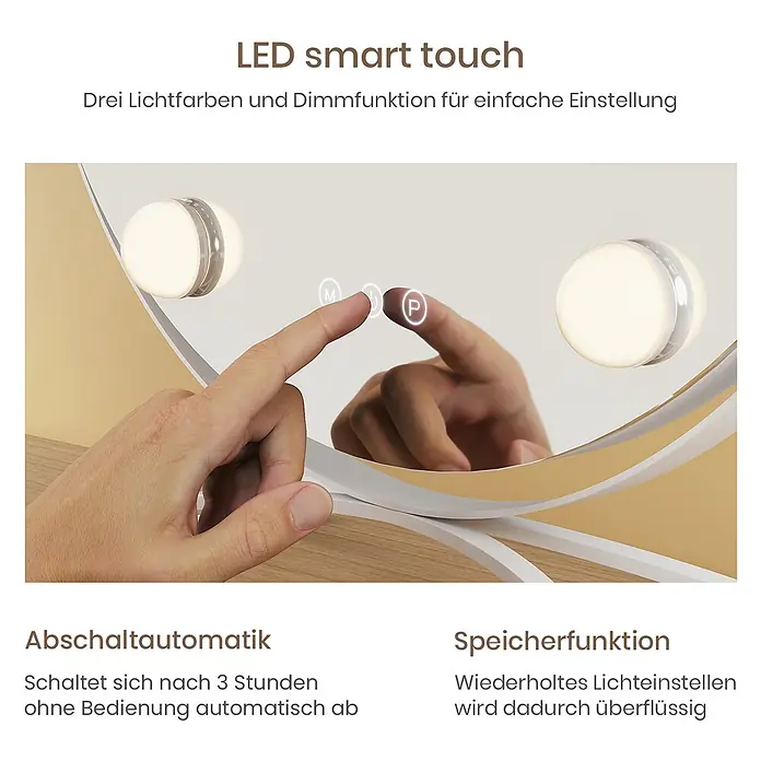 Emke Kosmetikspiegel CM11 - Rund, Weiß - Eine Hand berührt das Touch-Bedienfeld eines hellen LED-Smart-Spiegels mit runden Lichtern, der Dimm- und Farbfunktionen zeigt.