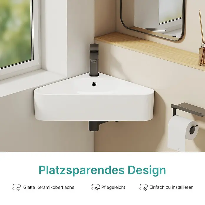 EMKE Wandwaschbecken CB25 -  - Weißes Keramik-Eckwaschbecken mit dunklem Wasserhahn, platzsparend im Badezimmer montiert.