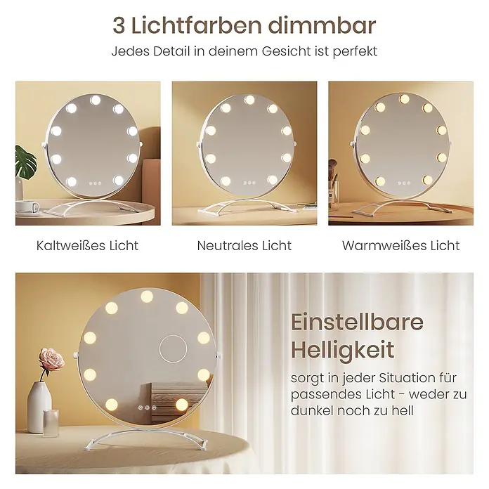 Emke Kosmetikspiegel CM11 - Rund, Weiß - Runder LED-Kosmetikspiegel in Weiß, der drei Lichtfarben und Helligkeitsstufen zeigt.
