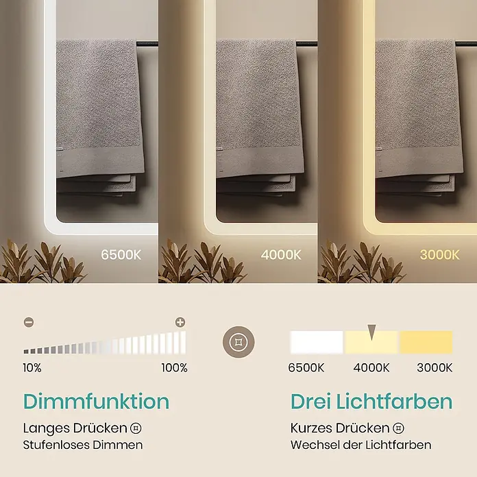 Emke Lichtspiegel Dimlite LM13 -  - Beleuchteter Spiegel zeigt 3 Lichtfarben (6500K, 4000K, 3000K) und stufenloses Dimmen von 10% bis 100% Helligkeit.