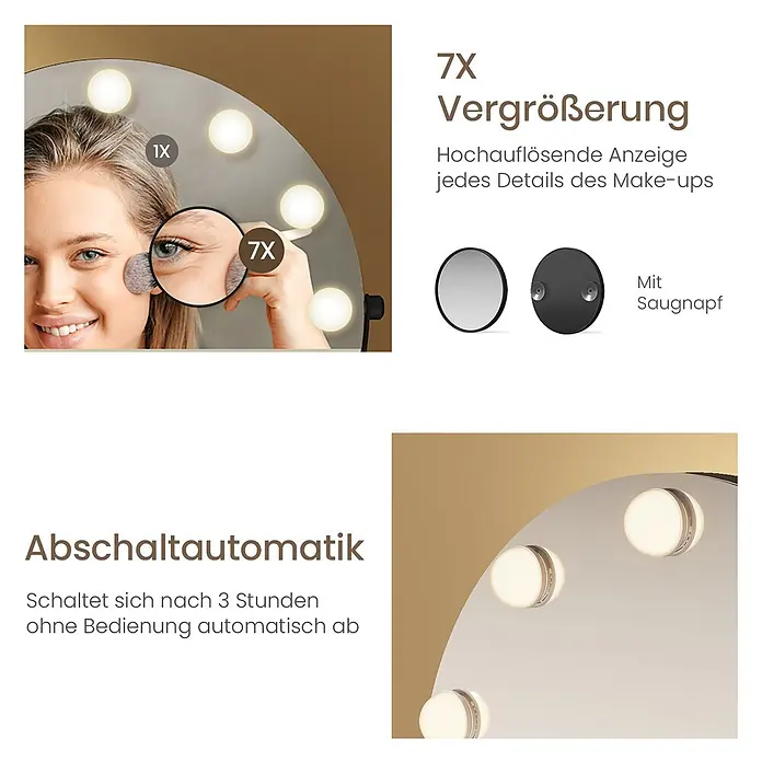 Runder Kosmetikspiegel CM11 -  - Schminkspiegel mit Beleuchtung, zeigt 7X Vergrößerung, einen Saugnapfspiegel und automatische Abschaltung nach 3 Stunden.