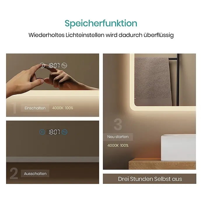 Emke Lichtspiegel Dimlite LM13 -  - Beleuchteter Spiegel demonstriert Speicherfunktion. Zeigt Touch-Steuerung für Ein/Aus, Lichteinstellungen (4000K, 100%) und einen Auto-Aus-Timer.