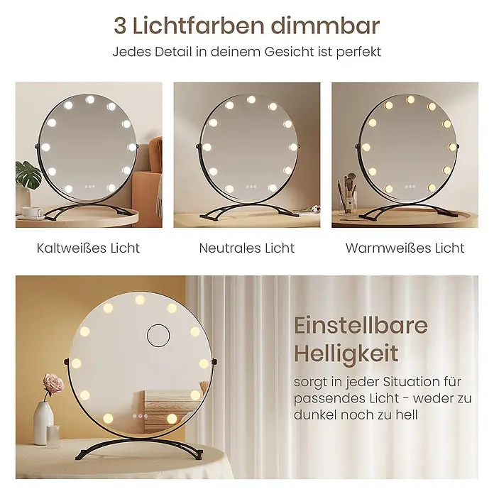 Emke Kosmetikspiegel CM11 - Rund, Schwarz - Runder Schminkspiegel mit schwarzem Standfuß und runden Leuchten, zeigt 3 dimmbare Lichtfarben und einstellbare Helligkeit.