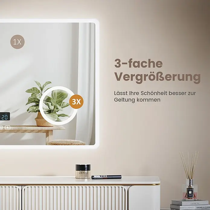 EMKE Lichtspiegel Dimlite LM13, 80x60cm, Bluetooth, Uhr, Lupe, dimmbar -  - Beleuchteter rechteckiger LED-Spiegel mit 1X und runder 3X Vergrößerung, ideal für Schönheitsanwendungen.