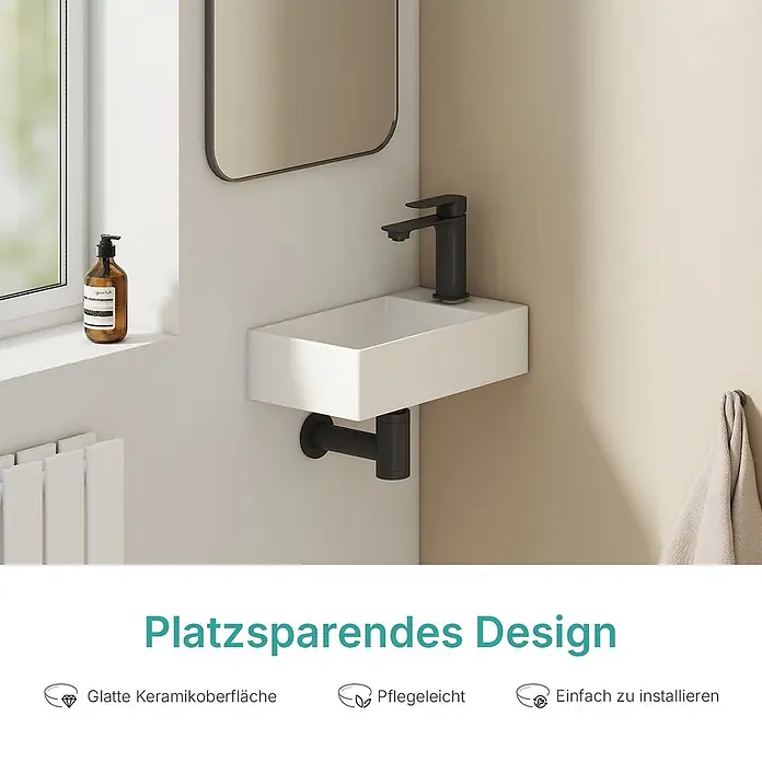 EMKE Wandwaschbecken Ceraedge CB21 -  - Kompaktes weißes Wandwaschbecken aus Keramik mit schwarzem Wasserhahn und Siphon im modernen Badezimmer.