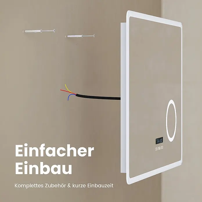 EMKE Lichtspiegel Dimlite LM13, 80x60cm, Bluetooth, Uhr, Lupe, dimmbar -  - Rechteckiger Spiegel mit weißem Rahmen, ovaler Beleuchtung und Digitaluhr, bei der Wandmontage mit Dübeln und Kabeln.