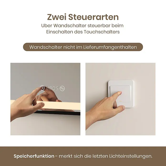 Emke Lichtspiegel Frolite LM23 -  - Demonstration von Touch- und Wandschalter-Steuerung für beleuchteten Spiegel. Merkt sich Einstellungen. Wandschalter nicht inkludiert.