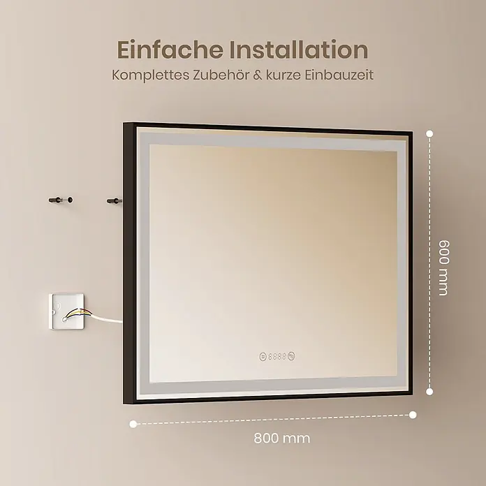 Emke Lichtspiegel Frolite LM23 -  - Schwarz gerahmter LED-Spiegel (800x600mm) mit Touch-Bedienung, während der Wandmontage mit Verkabelung.