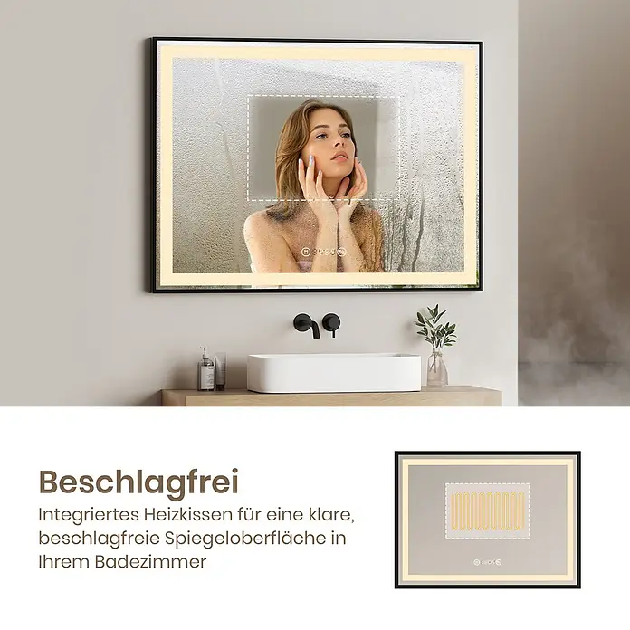 Emke Lichtspiegel Frolite LM23 -  - Rechteckiger beleuchteter Badspiegel mit Antibeschlagfunktion, zeigt einen klaren Mittelbereich und einen schwarzen Rahmen.