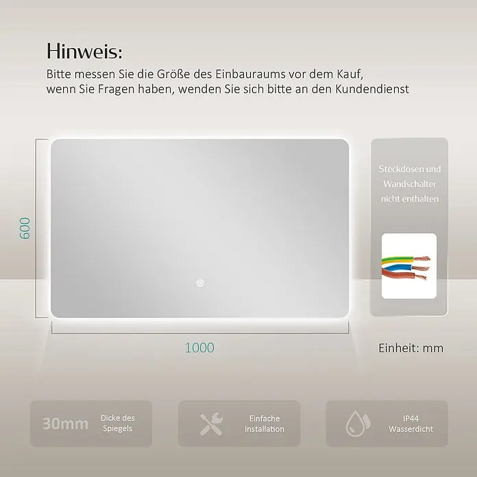 Emke Lichtspiegel Glowrim LM09 -  - Rechteckiger LED-Spiegel, 1000x600mm, 30mm dick, mit integriertem Licht. Einfache Installation und IP44 wasserdicht.