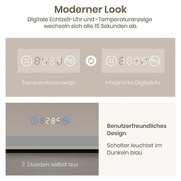 Emke Lichtspiegel Frolite LM23 -  - Digitales Anzeigefeld mit wechselnder Uhrzeit und Temperatur, blauer Auto-Aus-Schalter.