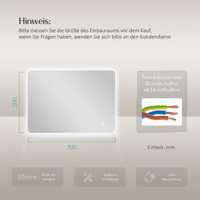 EMKE Lichtspiegel Glowrim LM09 70x50 cm, Kaltweiß, Touch, beschlagfrei -  - Beleuchteter Badezimmerspiegel, 700x500x30mm, IP44 wasserdicht, mit einfacher Installation. Steckdosen/Schalter nicht enthalten.