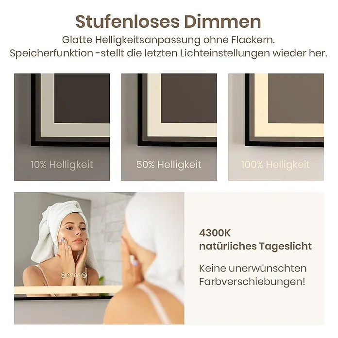 Emke Lichtspiegel Frolite LM23 -  - Dimmbarer Spiegel mit 4300K natürlichem Tageslicht. Zeigt 10%, 50%, 100% Helligkeit und eine Frau beim Eincremen.