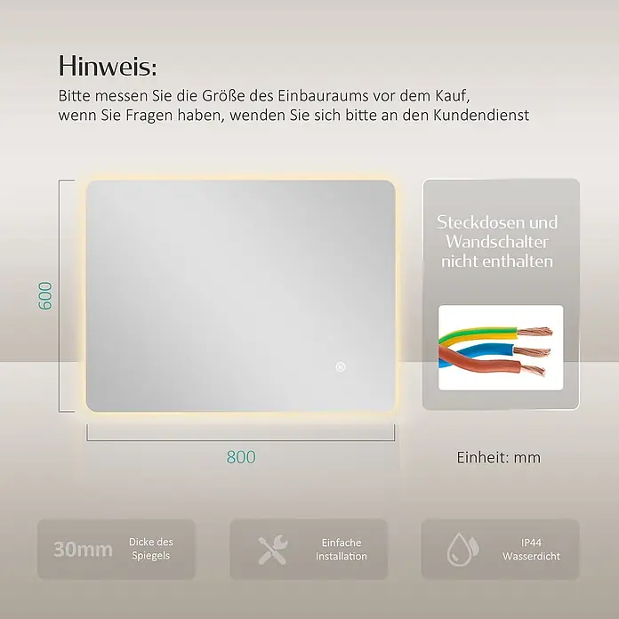 Emke Lichtspiegel Glowrim LM09 -  - Ein rechteckiger, beleuchteter Spiegel, 800x600mm groß, 30mm dick, IP44 wasserdicht und einfach zu installieren. Steckdosen und Wandschalter nicht enthalten.
