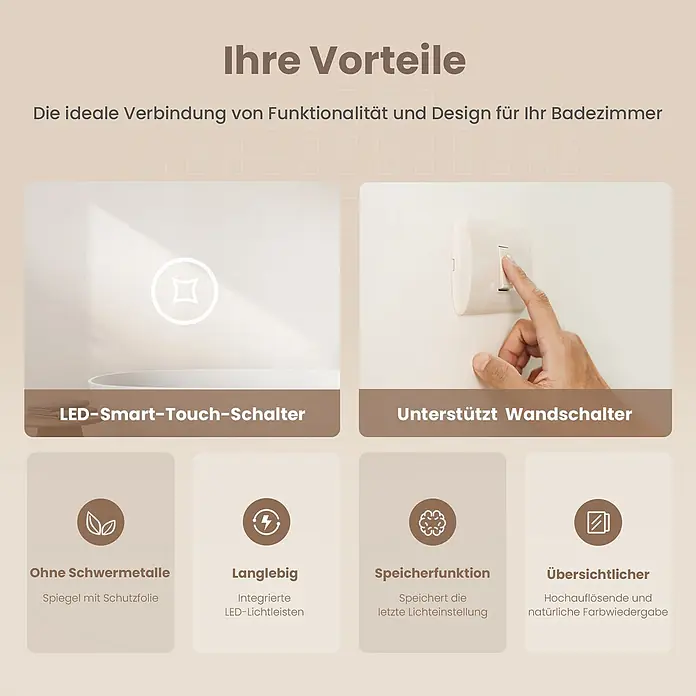 Emke Lichtspiegel Dimlite LM13 -  - Infografik zu den Vorteilen eines LED-Badezimmerspiegels: Touch-Steuerung, Wandschalter-Unterstützung, Speicherfunktion und natürliche Farbwiedergabe.