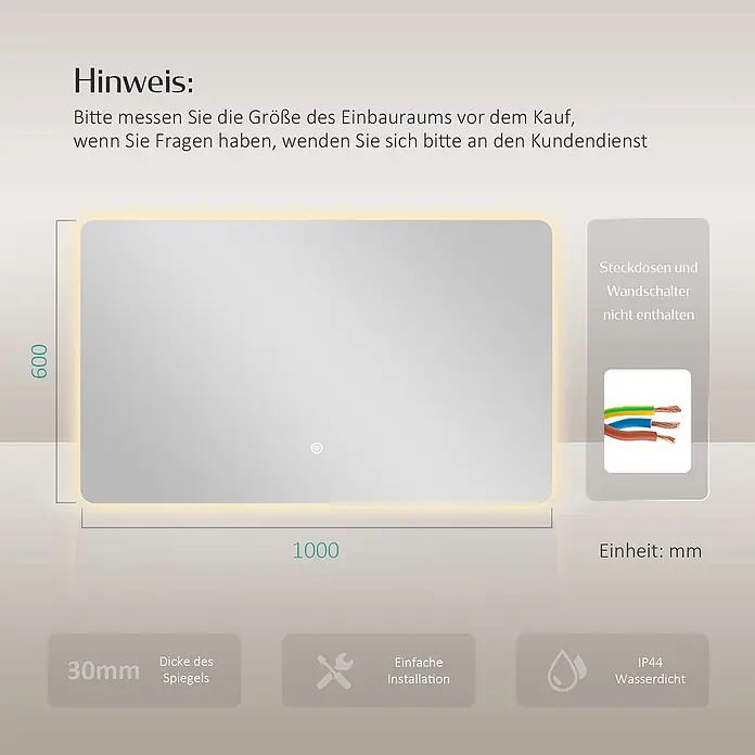 EMKE Lichtspiegel Glowrim LM09 60x100 cm, 3 Lichtfarben, dimmbar, rahmenlos -  - Rechteckiger beleuchteter LED-Spiegel, 1000x600mm, 30mm dick, IP44 wasserdicht, einfache Installation. Steckdosen/Schalter nicht enthalten.