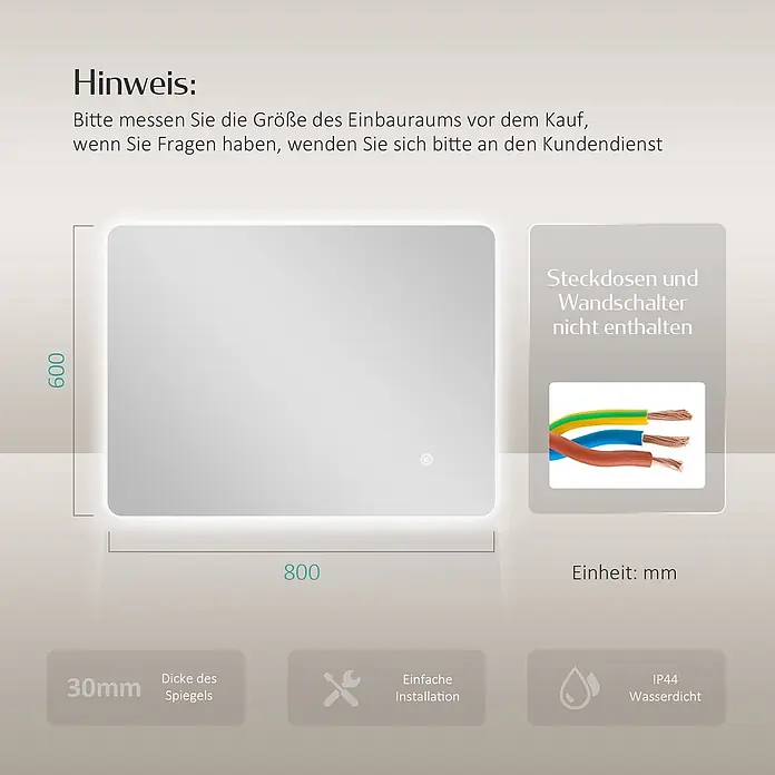 Lichtspiegel Glowrim LM09 -  - Rechteckiger beleuchteter Spiegel (800x600mm, 30mm dick) mit IP44 Wasserdichtigkeit. Einfache Installation.