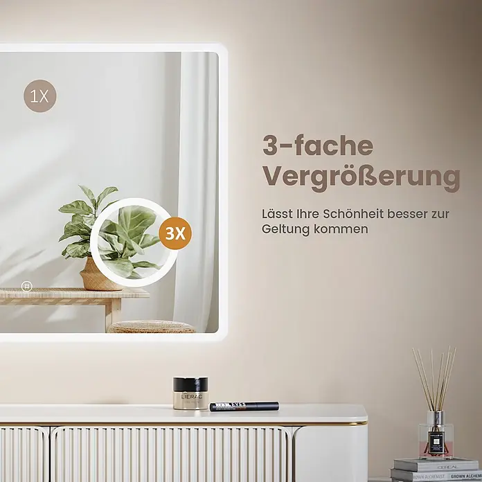 EMKE Lichtspiegel Dimlite LM13, 100x60cm, Kaltweißes Licht, Touch-Schalter -  - Beleuchteter weißer Wandspiegel mit 1-facher und 3-facher Vergrößerung, ideal für Schönheitsdetails. In modernem Raum.