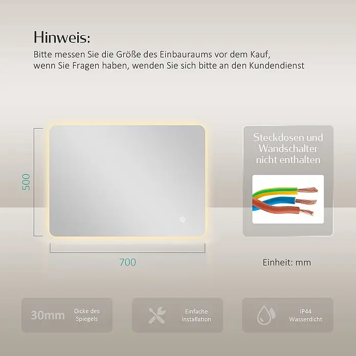 Emke Lichtspiegel Glowrim LM09 -  - Rechteckiger LED-Spiegel mit beleuchtetem Rand, 700x500mm. Er ist 30mm dick, IP44 wasserdicht und einfach zu installieren.