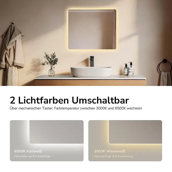 Emke Lichtspiegel Glowrim LM09 - 60 x 50 cm - Beleuchteter Badezimmerspiegel mit umschaltbarem 3000K warmweißem und 6500K kaltweißem Licht, ideal für Make-up oder Entspannung.