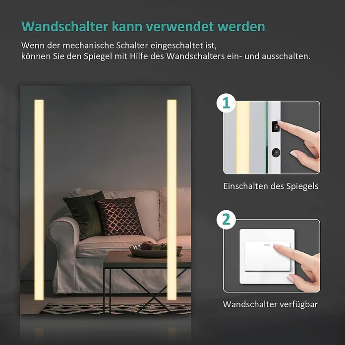 Emke Lichtspiegel Frolite LM01 -  - Beleuchteter Spiegel im Wohnzimmer, Steuerung über internen und externen Wandschalter dargestellt.