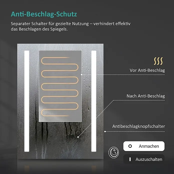Emke Lichtspiegel Frolite LM01 -  - Spiegel mit Anti-Beschlag-Funktion und Heizung; zeigt vor und nach dem Entnebeln durch separaten Schalter.