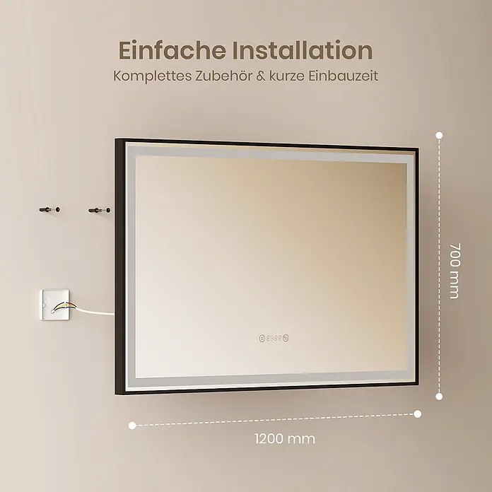 Emke Lichtspiegel Frolite LM23 -  - Rechteckiger LED-Spiegel mit schwarzem Rahmen, zeigt Maße 1200x700 mm und Installationselemente. Mit Touch-Bedienelementen.