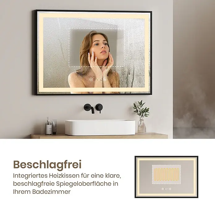 Emke Lichtspiegel Frolite LM23 -  - Schwarzer LED-Badezimmerspiegel mit Antibeschlagfunktion, zeigt klares Frauenbild trotz Nebel. Inkl. Heizkissen-Schema.