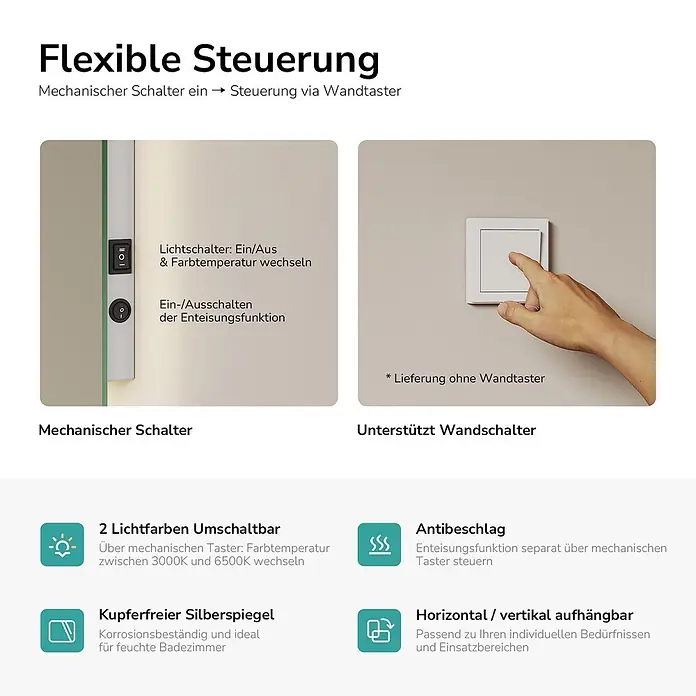 EMKE Lichtspiegel Glowrim LM09, 450×600 mm, 2 Lichtfarben, Anti-Beschlag -  - Übersicht der flexiblen Steuerung eines Spiegels mit mechanischem Schalter und Wandtaster-Unterstützung, sowie Hauptfunktionen wie Farbtemperatur und Antibeschlag.