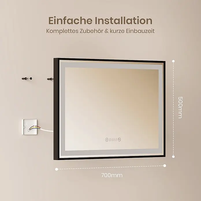 Emke Lichtspiegel Frolite LM23 -  - Rechteckiger LED-Spiegel mit schwarzem Rahmen (700x500mm), mit integrierter Digitalanzeige, gezeigt mit einfachen Installationskomponenten.