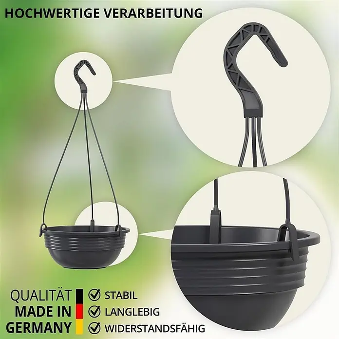 Plastard Pflanztopf Ø 32 cm in Anthrazit mit Aufhänger, Deko Pflanzschale - 1 Stk., Außenmaß (Ø x H): 32 x 12,5 cm, Kunststoff, Anthrazit - Dunkelgrauer Kunststoff-Hängekorb mit stabilem Haken und geripptem Design.
