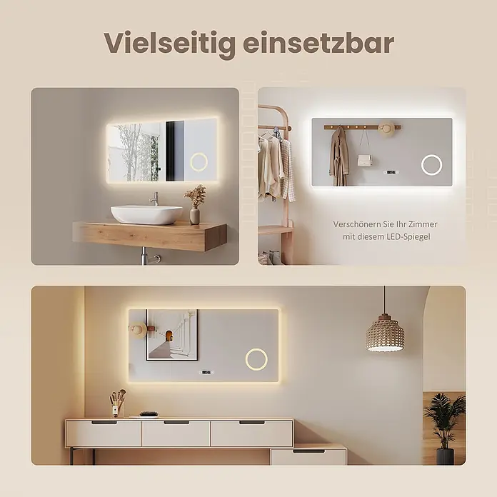 Emke Lichtspiegel Dimlite LM13 -  - Vielseitiger rechteckiger LED-Spiegel, gezeigt in Bad, Flur und Schlafzimmer, mit Umfeldbeleuchtung und Touch-Steuerung.