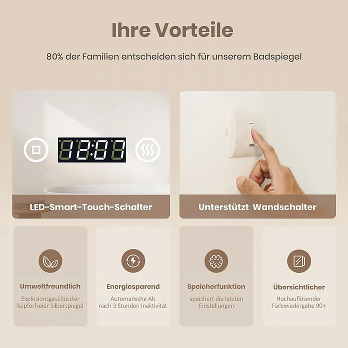 EMKE Lichtspiegel Dimlite LM13, 70×90cm, 6500 K, Anti-Beschlag, Uhr -  - Intelligenter Badspiegel mit LED-Anzeige, Touch-Bedienung und Wandschalterunterstützung. Umweltfreundlich, energiesparend mit Speicherfunktion.