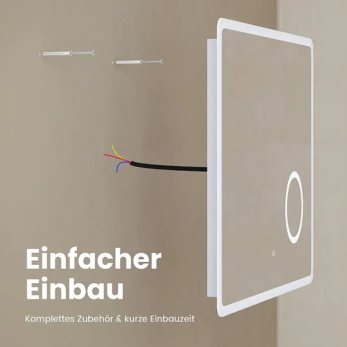 Emke Lichtspiegel Dimlite LM13 -  - Rechteckiger LED-Spiegel mit abgerundeten Ecken bei der Installation, zeigt elektrische Verkabelung und Dübel.