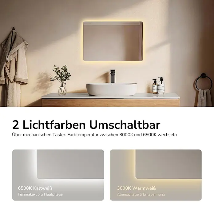 Emke Lichtspiegel Glowrim LM09 - 60 x 40 cm - Rechteckiger LED-Spiegel mit einstellbarer Lichtfarbe in einem Badezimmer.