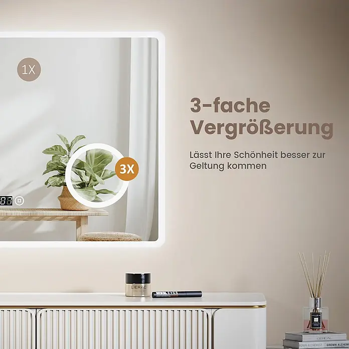 Emke Lichtspiegel Dimlite LM13 - 100 x 60 cm - Beleuchteter Wandspiegel mit 1X und 3X Vergrößerung und digitaler Uhr. Ideal für präzises Styling.