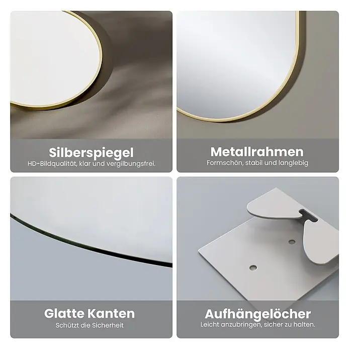 OvalRahmen Wandspiegel OM18 -  - Nahaufnahmen eines goldgerahmten Spiegels, der seine klare Silberoberfläche, glatte Kanten, stabilen Metallrahmen und sichere Aufhängelöcher zeigt.